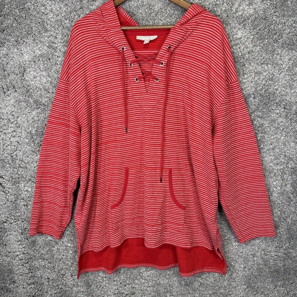 Woman Within Size 1X 22/24 Tunic Pullover Hoodie Red Lace Up Stretch Comfort